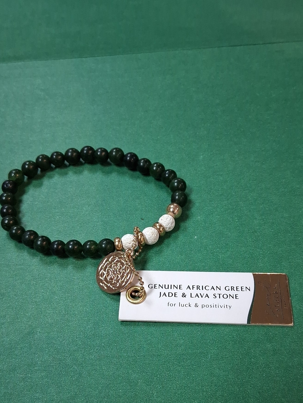 Green Jade and Lava Stone Stretch Bracelet with Gold Medallion